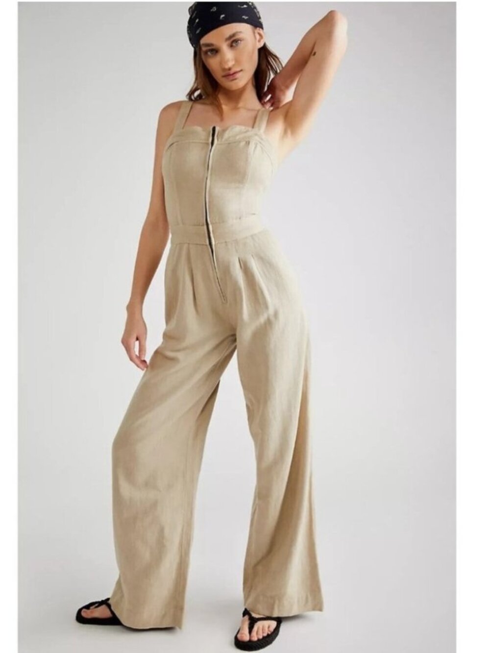Free People Call On Me Tan Linen Blend Wide Leg Zip Front Jumpsuit Size Large